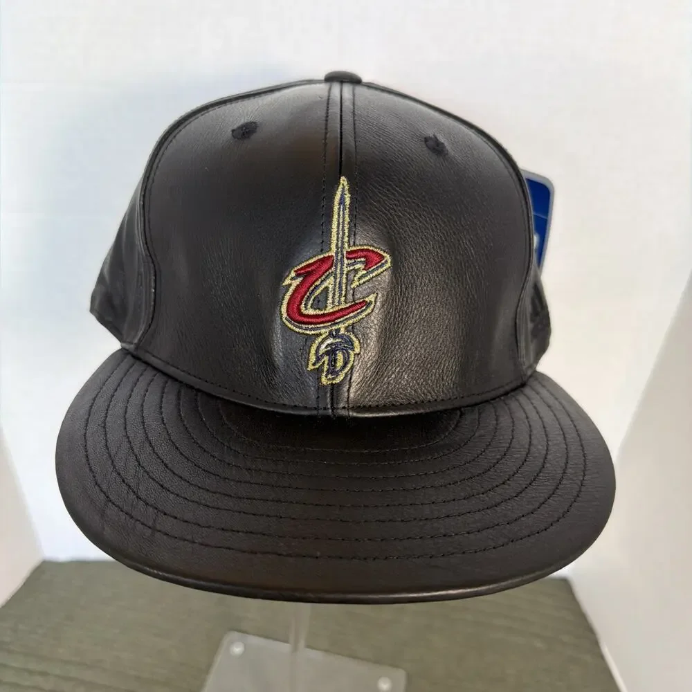Deadstock Adidas Cleveland Cavaliers Black Leather NBA Fitted Hat 7 5/8